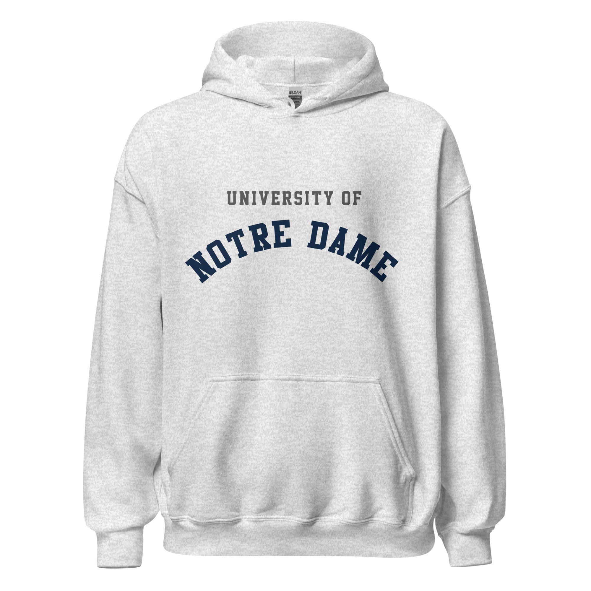 Unisex hoodie featuring University of Notre Dame name and branding in navy and gold