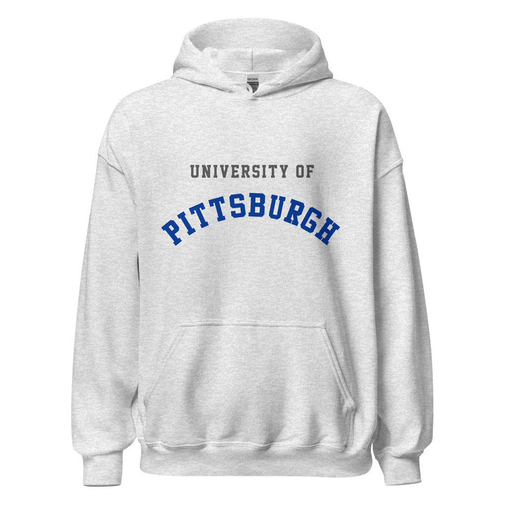 Unisex hoodie featuring University of Pittsburgh name and branding in royal blue and gold