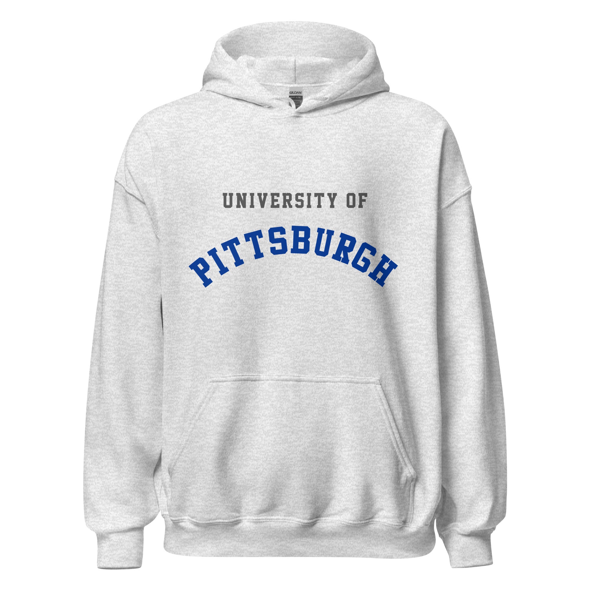 Unisex hoodie featuring University of Pittsburgh name and branding in royal blue and gold