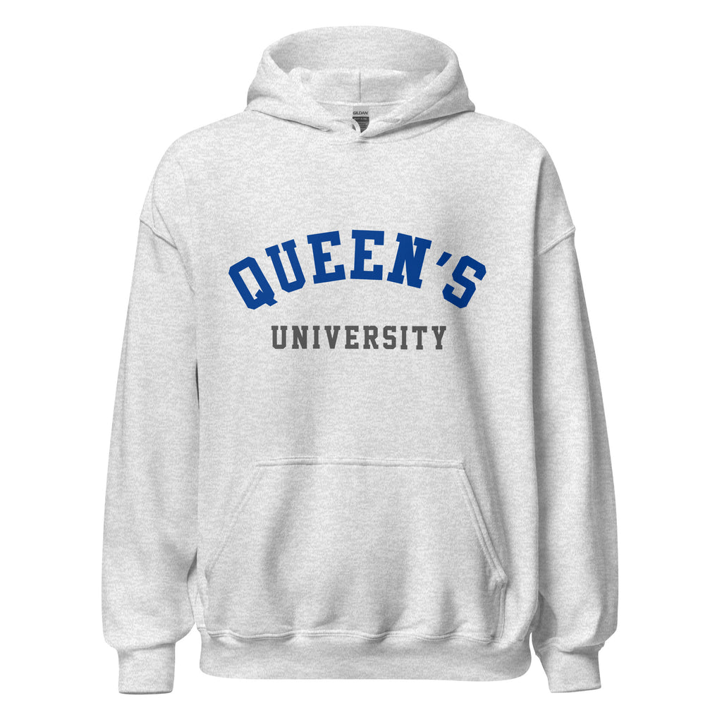 Unisex hoodie featuring Queen's University name and branding in blue and red