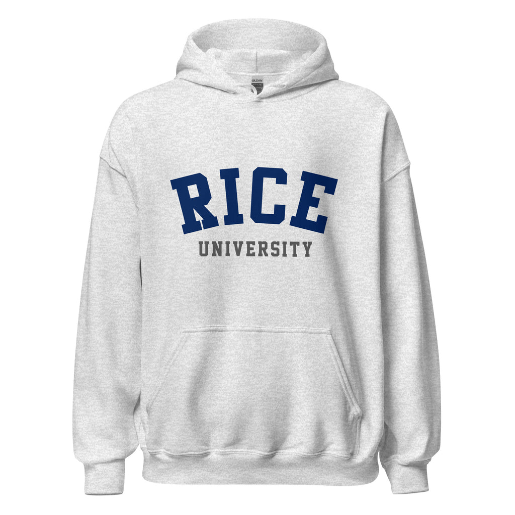 Unisex hoodie featuring Rice University name and branding in navy and grey