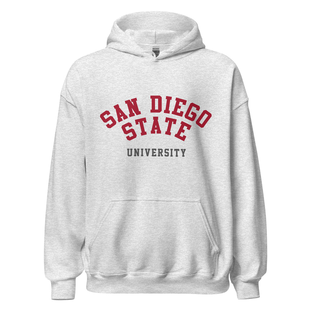 Unisex hoodie featuring San Diego State University name and branding in scarlet and black