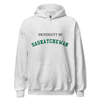 Unisex hoodie featuring University of Saskatchewan name and branding in green and gold