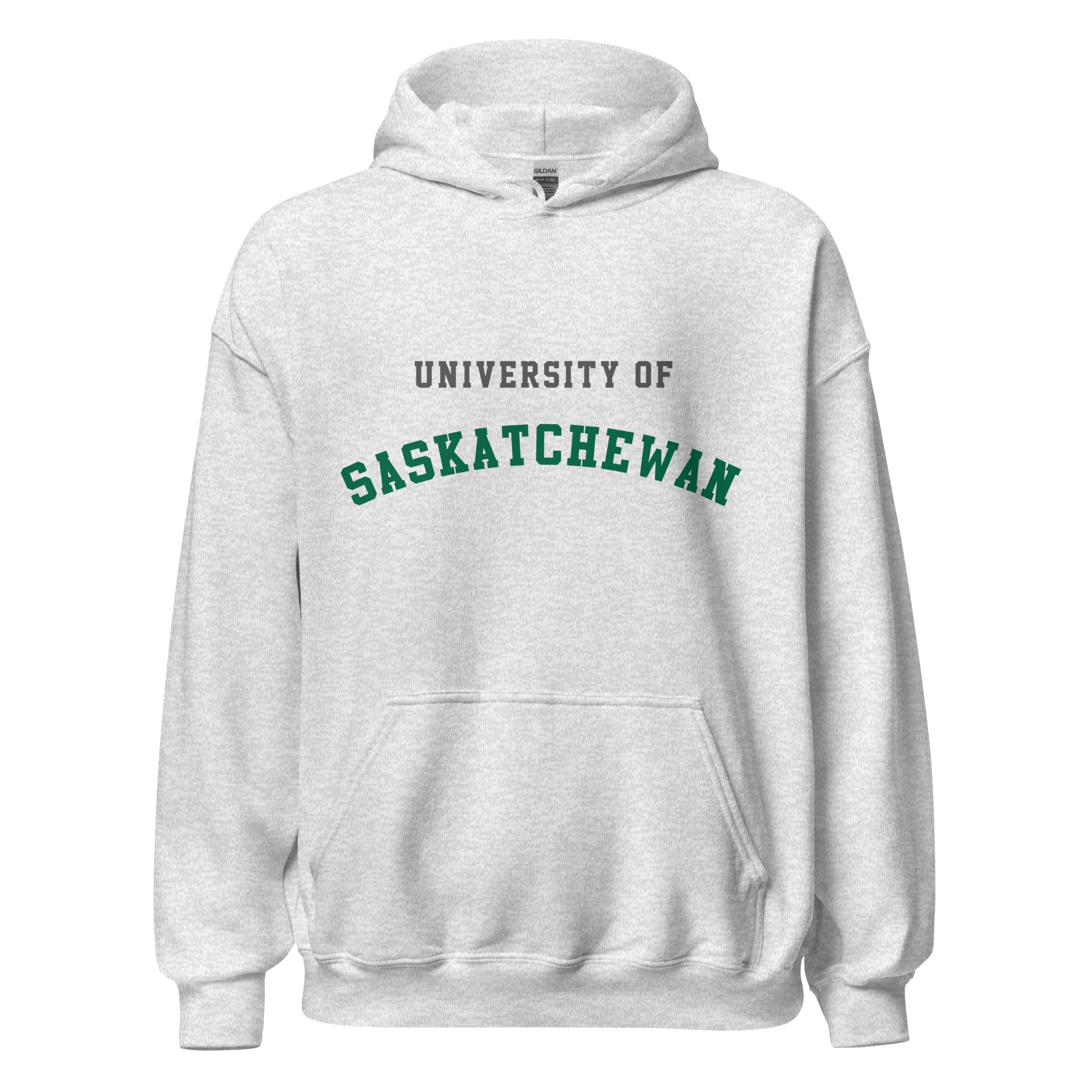 Unisex hoodie featuring University of Saskatchewan name and branding in green and gold