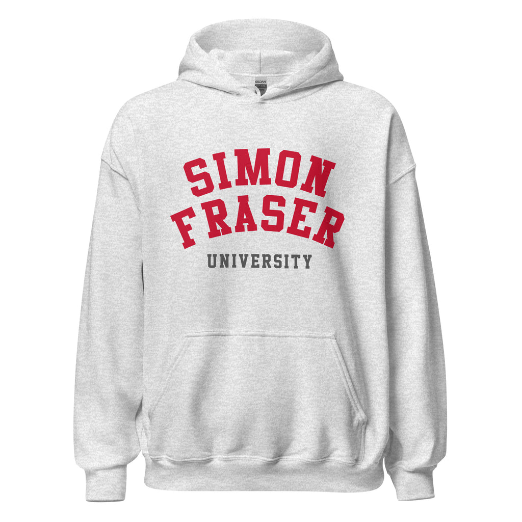 Unisex hoodie featuring Simon Fraser University name and branding in red and white