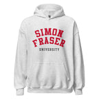 Unisex hoodie featuring Simon Fraser University name and branding in red and white