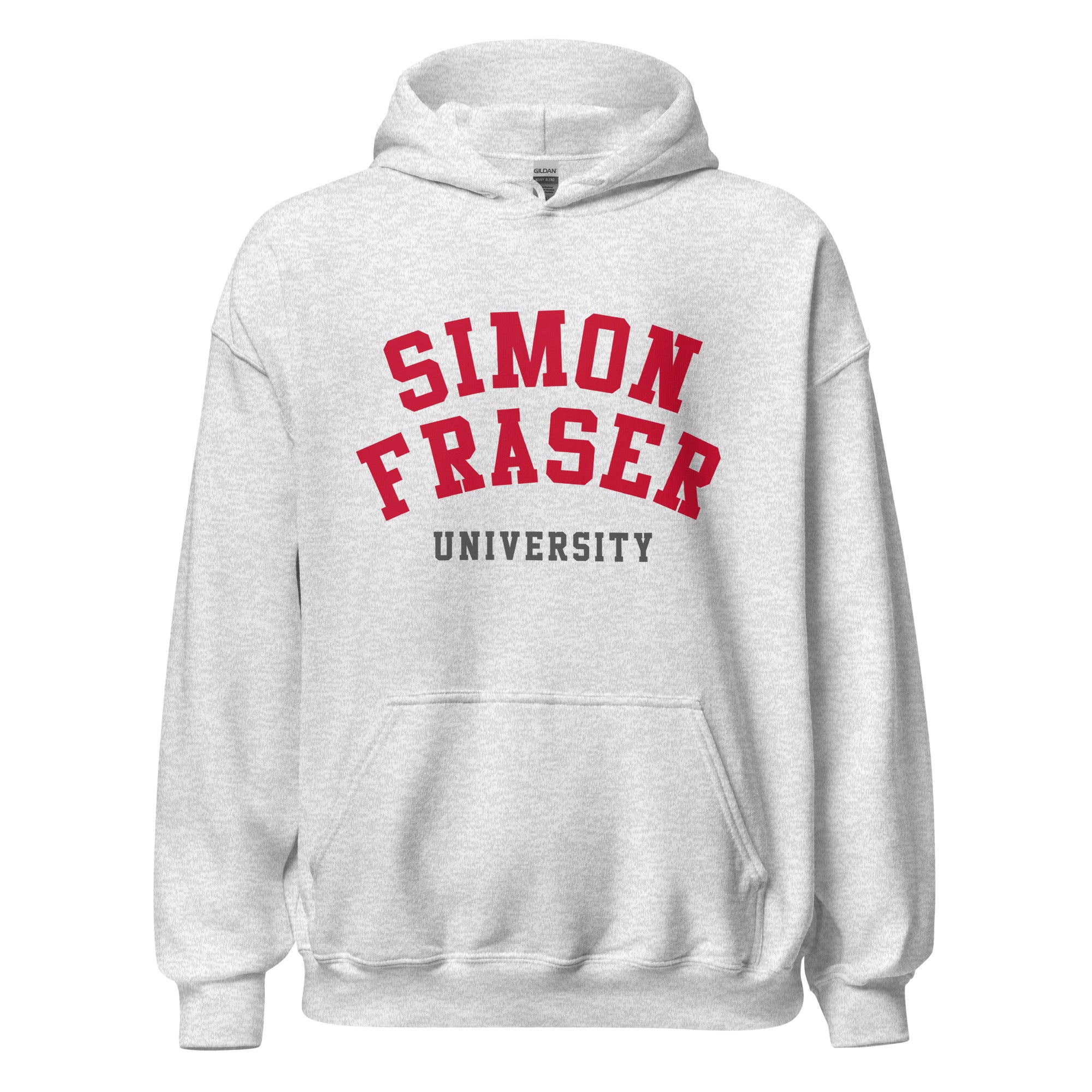 Unisex hoodie featuring Simon Fraser University name and branding in red and white