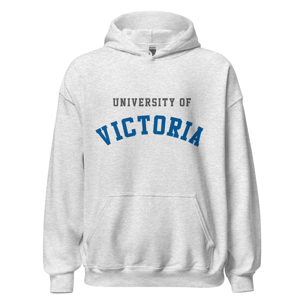 Unisex hoodie featuring University of Victoria name and branding in blue and red