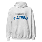 Unisex hoodie featuring University of Victoria name and branding in blue and red