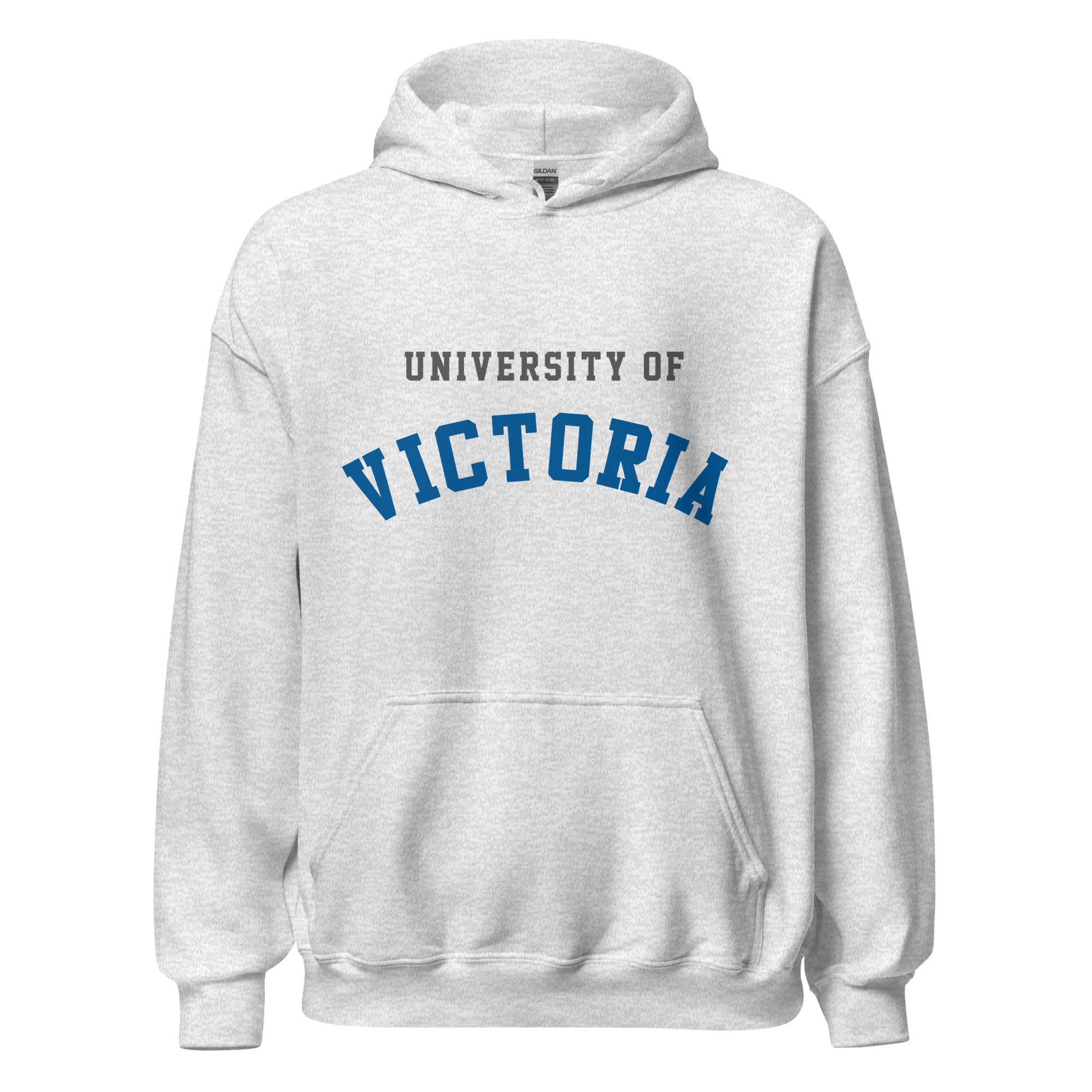 Unisex hoodie featuring University of Victoria name and branding in blue and red