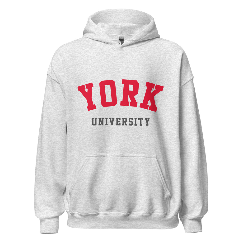 Unisex heather gray hoodie featuring York University logo printed across the front chest