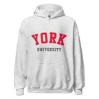 Unisex heather gray hoodie featuring York University logo printed across the front chest