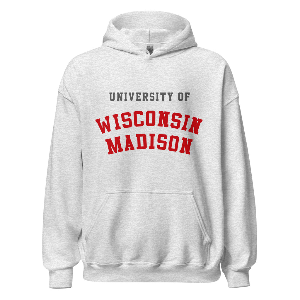 Unisex heather gray hoodie featuring University of Wisconsin-Madison logo printed across the front chest