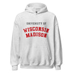 Unisex heather gray hoodie featuring University of Wisconsin-Madison logo printed across the front chest