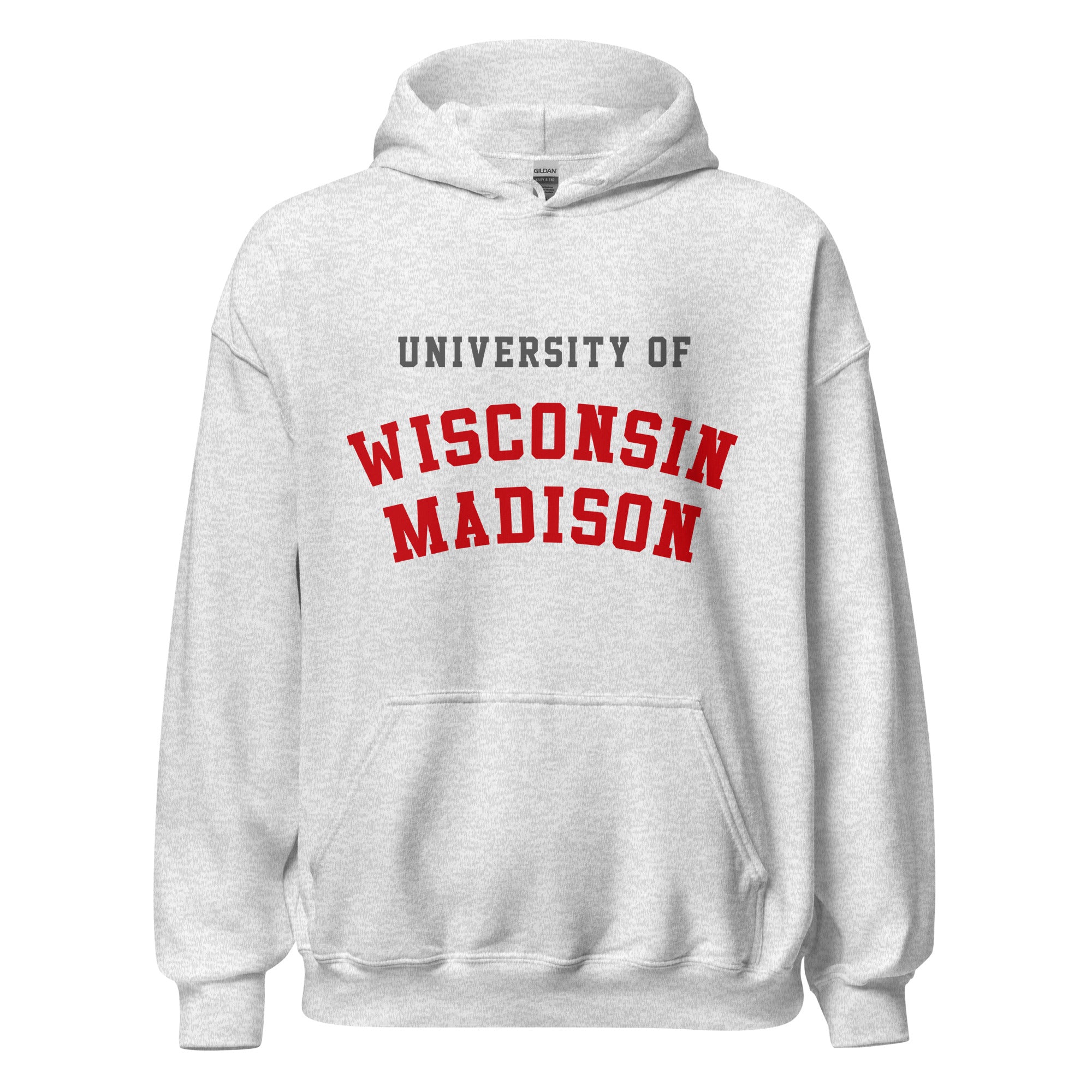 Unisex heather gray hoodie featuring University of Wisconsin-Madison logo printed across the front chest