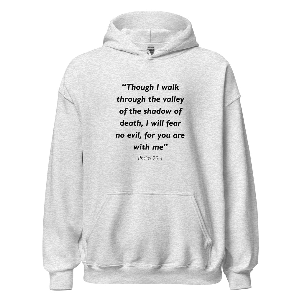 Unisex navy blue hoodie with Psalm 23:4 Bible verse printed in black text on front