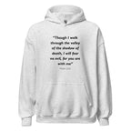 Unisex navy blue hoodie with Psalm 23:4 Bible verse printed in black text on front