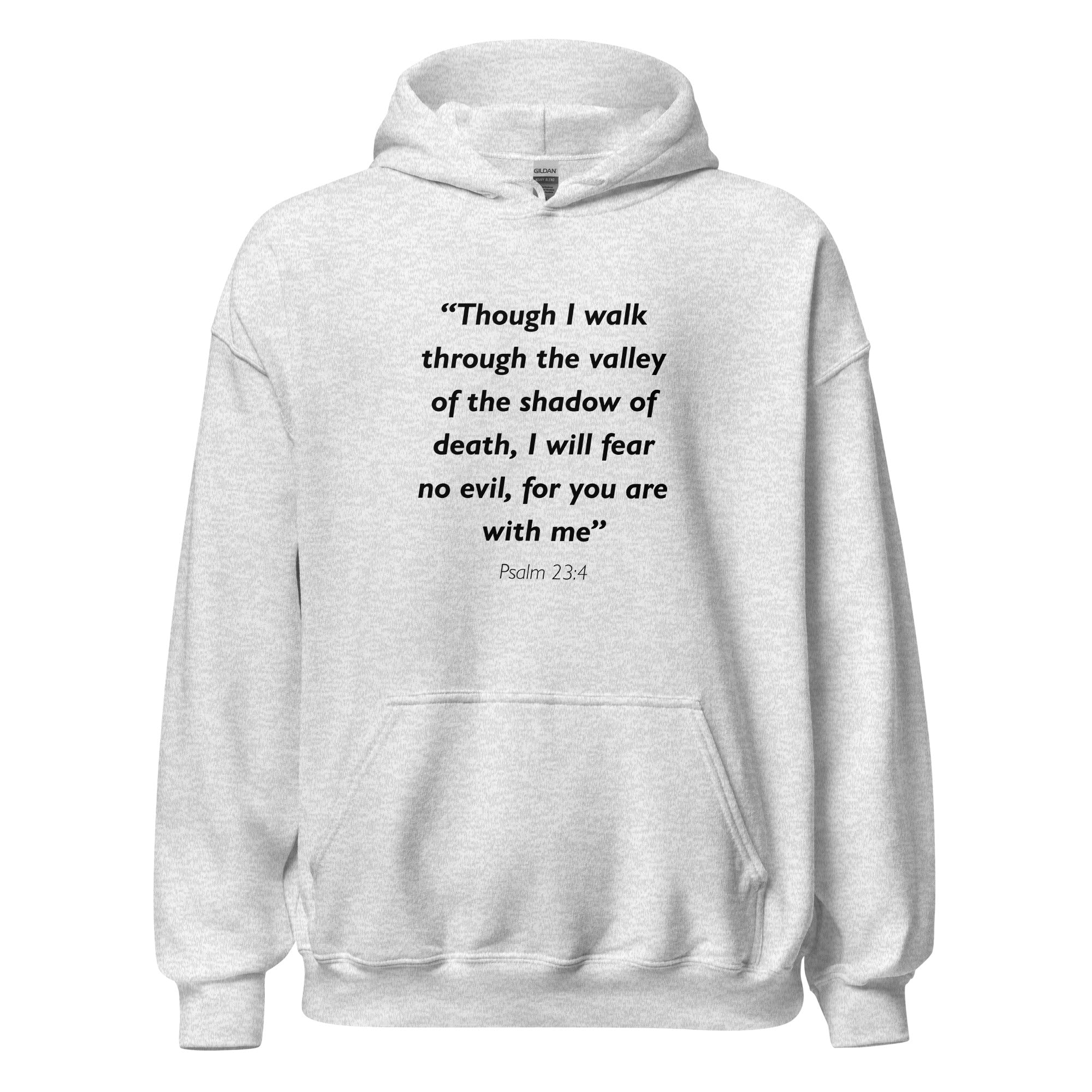 Unisex navy blue hoodie with Psalm 23:4 Bible verse printed in black text on front