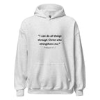 Unisex black hoodie with Philippians 4:13 Bible verse printed in black text on front