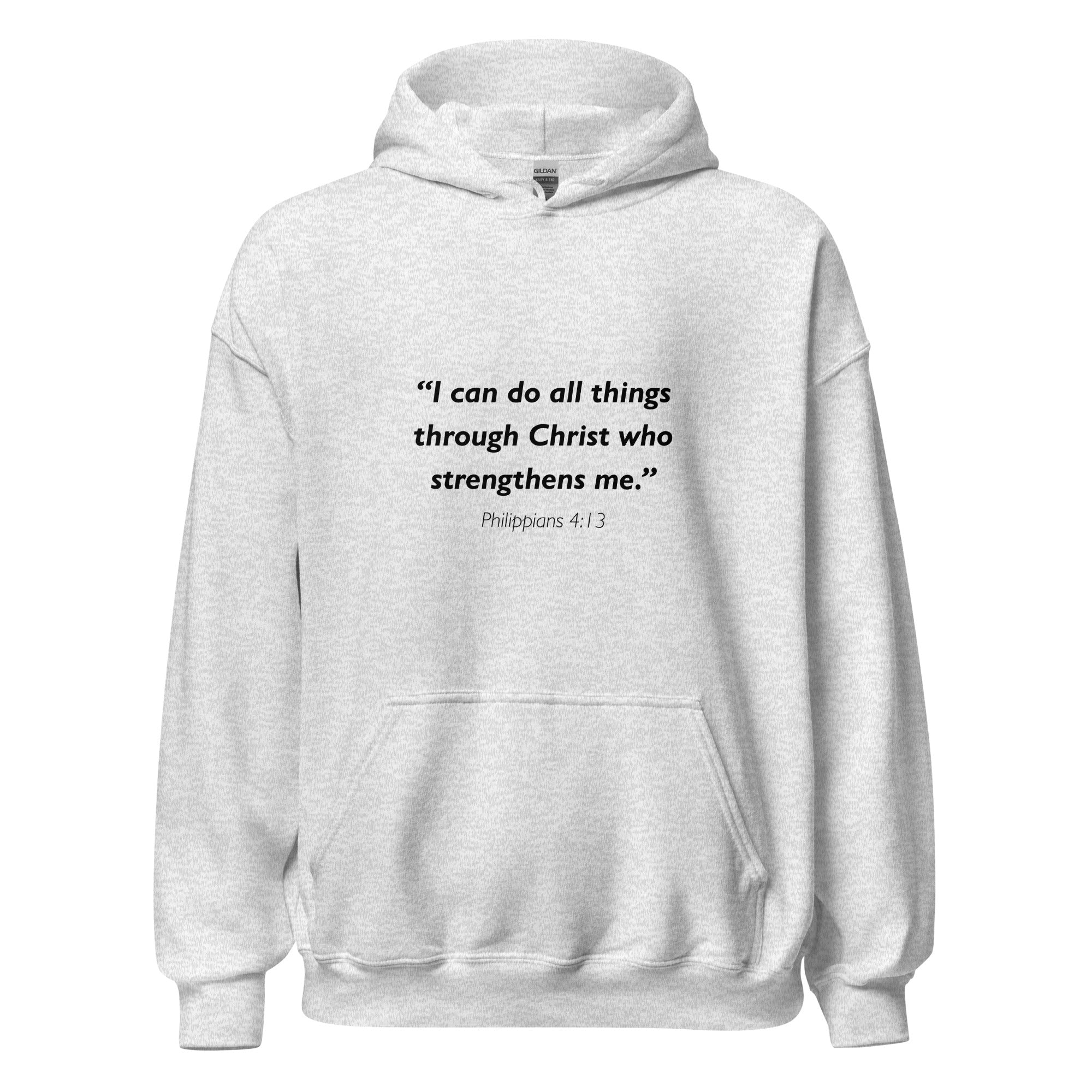 Unisex black hoodie with Philippians 4:13 Bible verse printed in black text on front