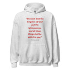 Unisex navy blue hoodie with Matthew 6:33 Bible verse printed in red text on front