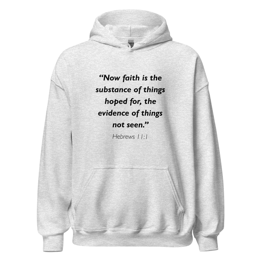 Unisex navy blue hoodie with Hebrews 11:1 Bible verse printed in black text on front