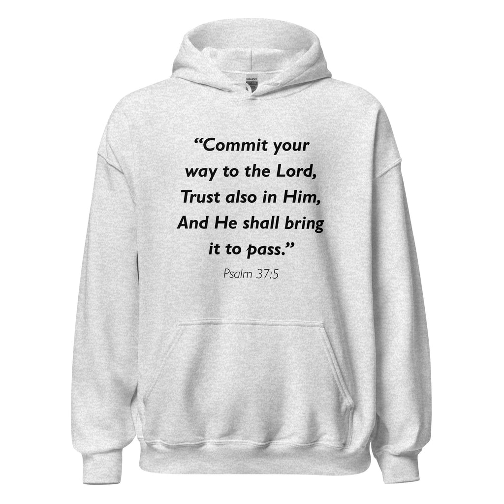 Unisex navy blue hoodie with Psalm 37:5 Bible verse printed in black text on front
