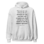 Unisex navy blue hoodie with Isaiah 41:10 Bible verse printed in black text on front