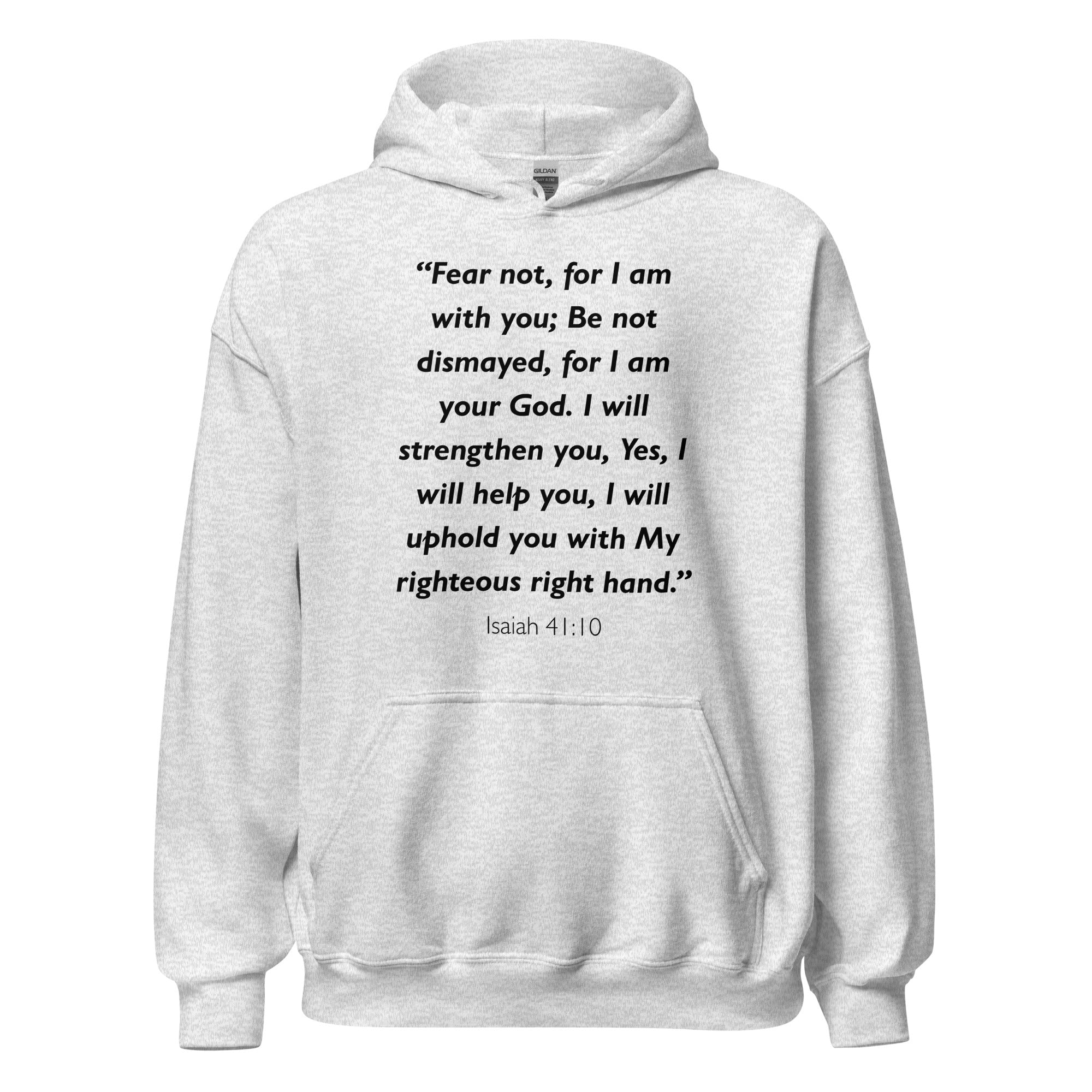 Unisex navy blue hoodie with Isaiah 41:10 Bible verse printed in black text on front