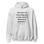 Unisex black hoodie with Colossians 3:14 Bible verse printed in black text on front