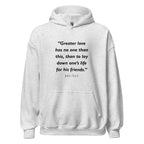 Unisex black hoodie with John 15:13 Bible verse printed across the chest
