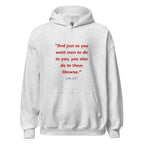 Unisex navy blue hoodie with Luke 6:31 Bible verse printed in red text on front
