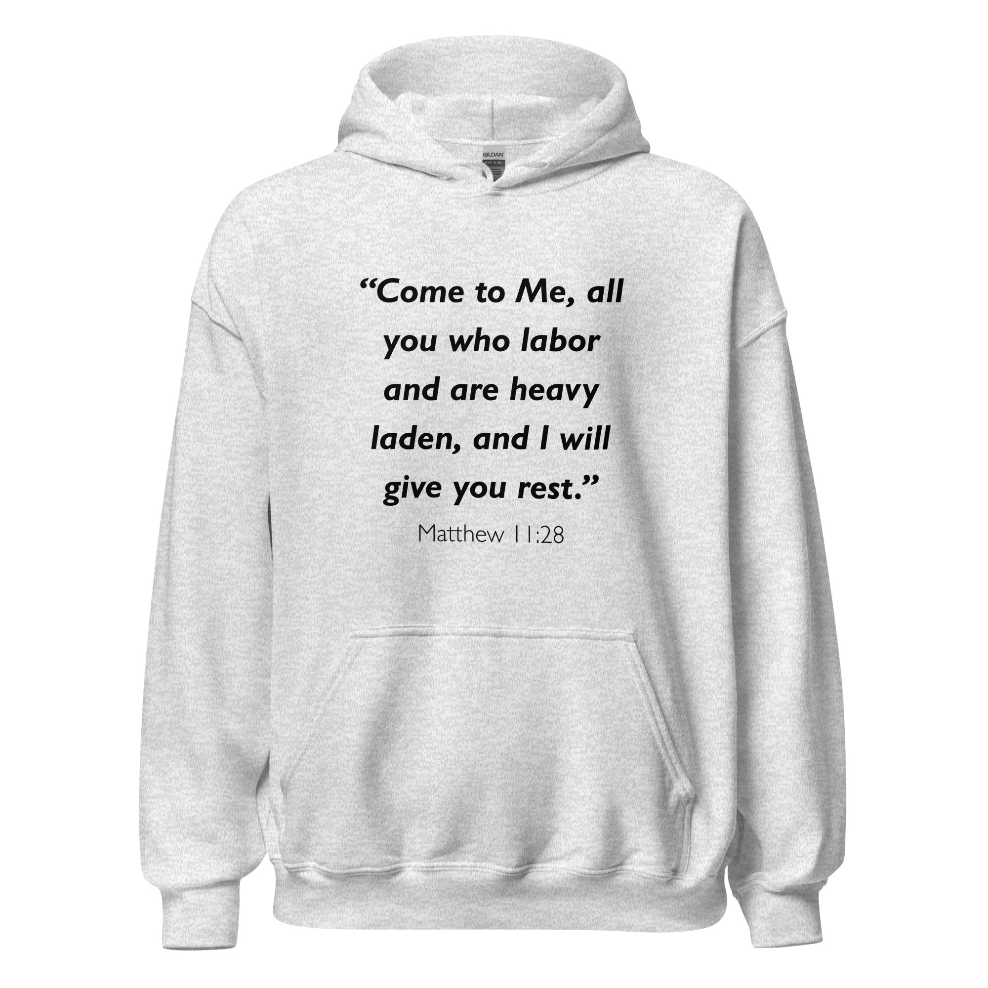 Unisex navy blue hoodie with Matthew 11:28 Bible verse printed in black text on front