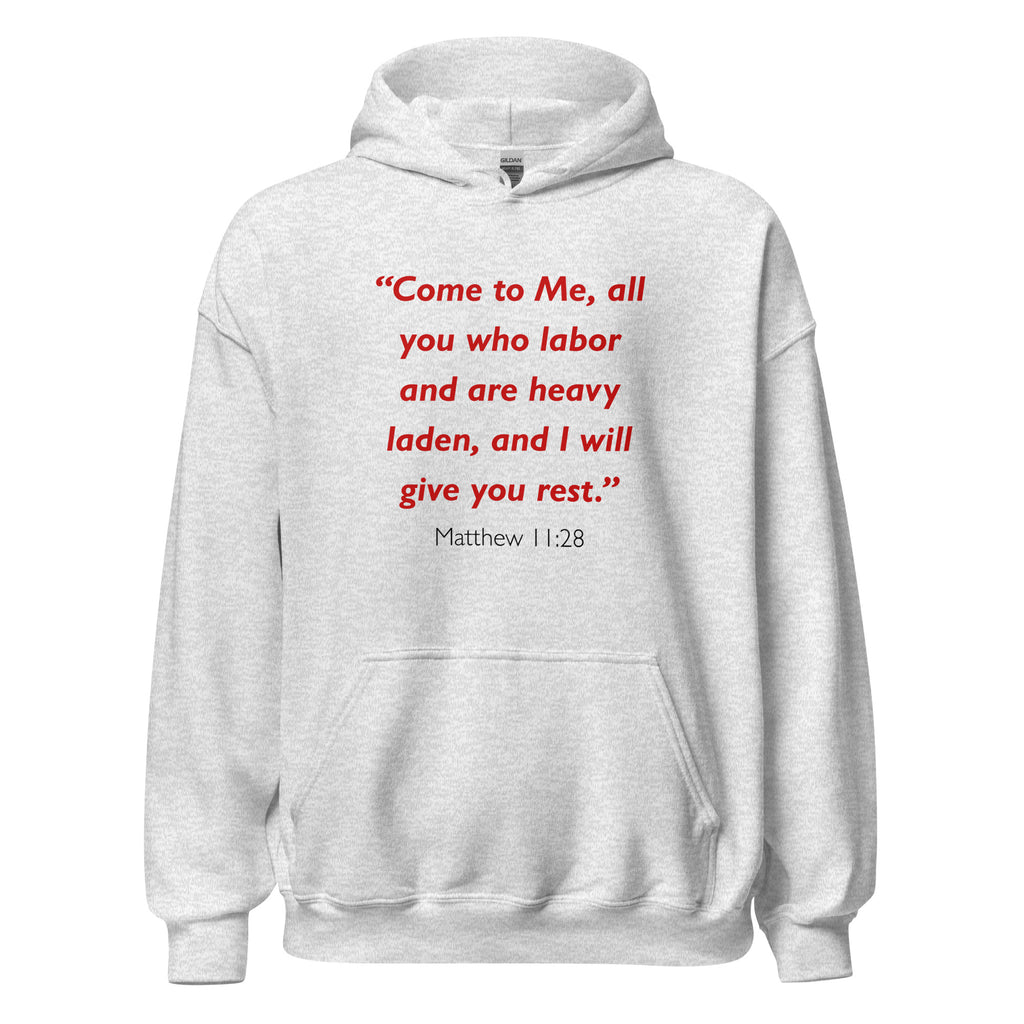 Unisex black hoodie with Matthew 11:28 Bible verse printed in red text on front