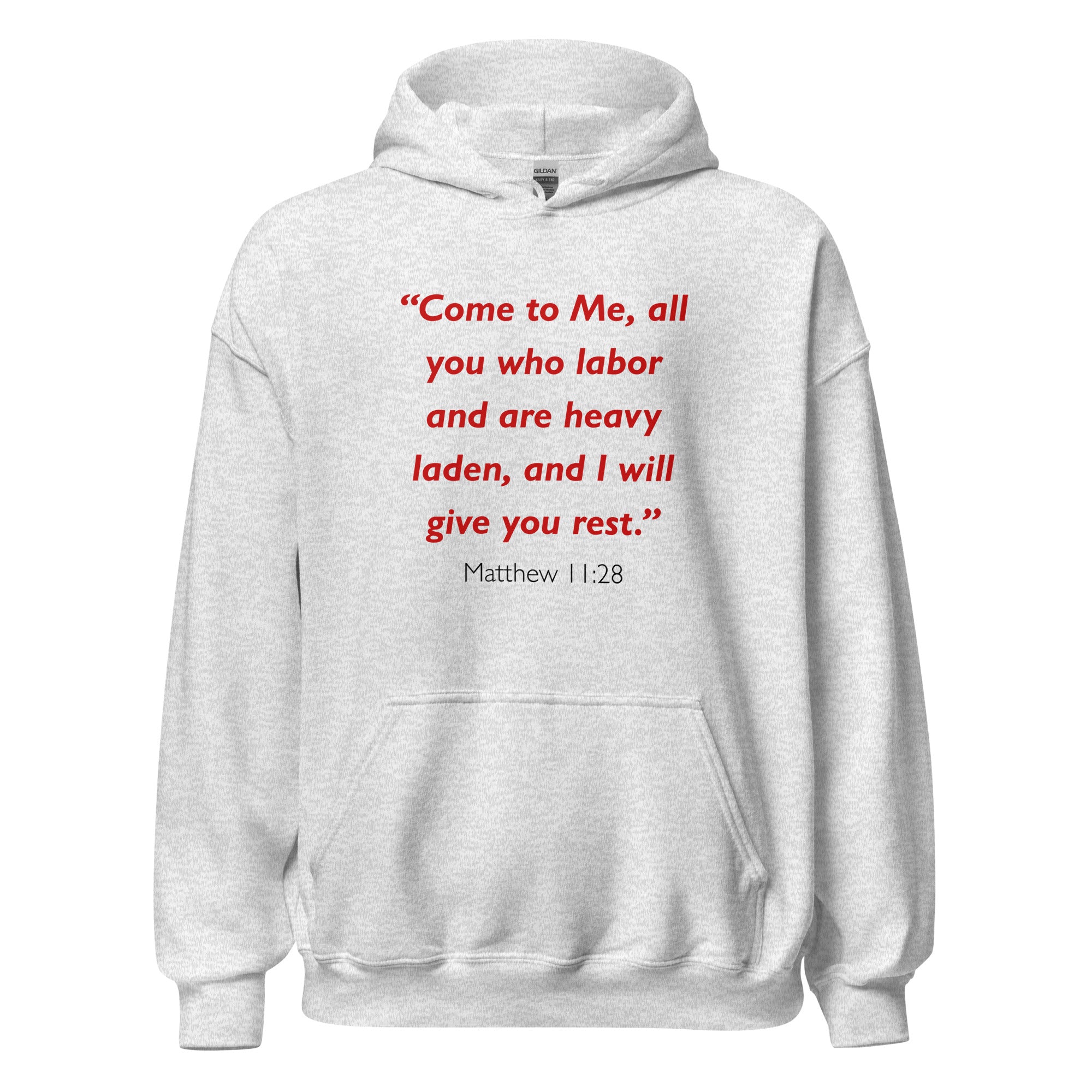 Unisex black hoodie with Matthew 11:28 Bible verse printed in red text on front