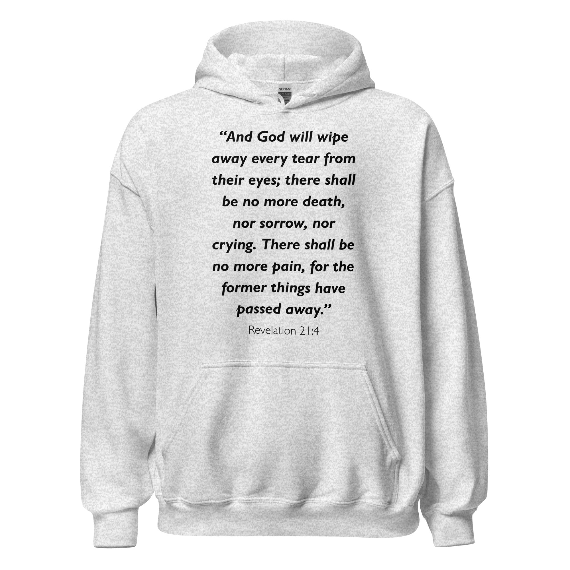 Unisex navy blue hoodie with Revelation 21:4 Bible verse printed in black text on front