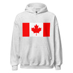 Unisex navy blue hoodie featuring Canadian flag design printed across the front chest