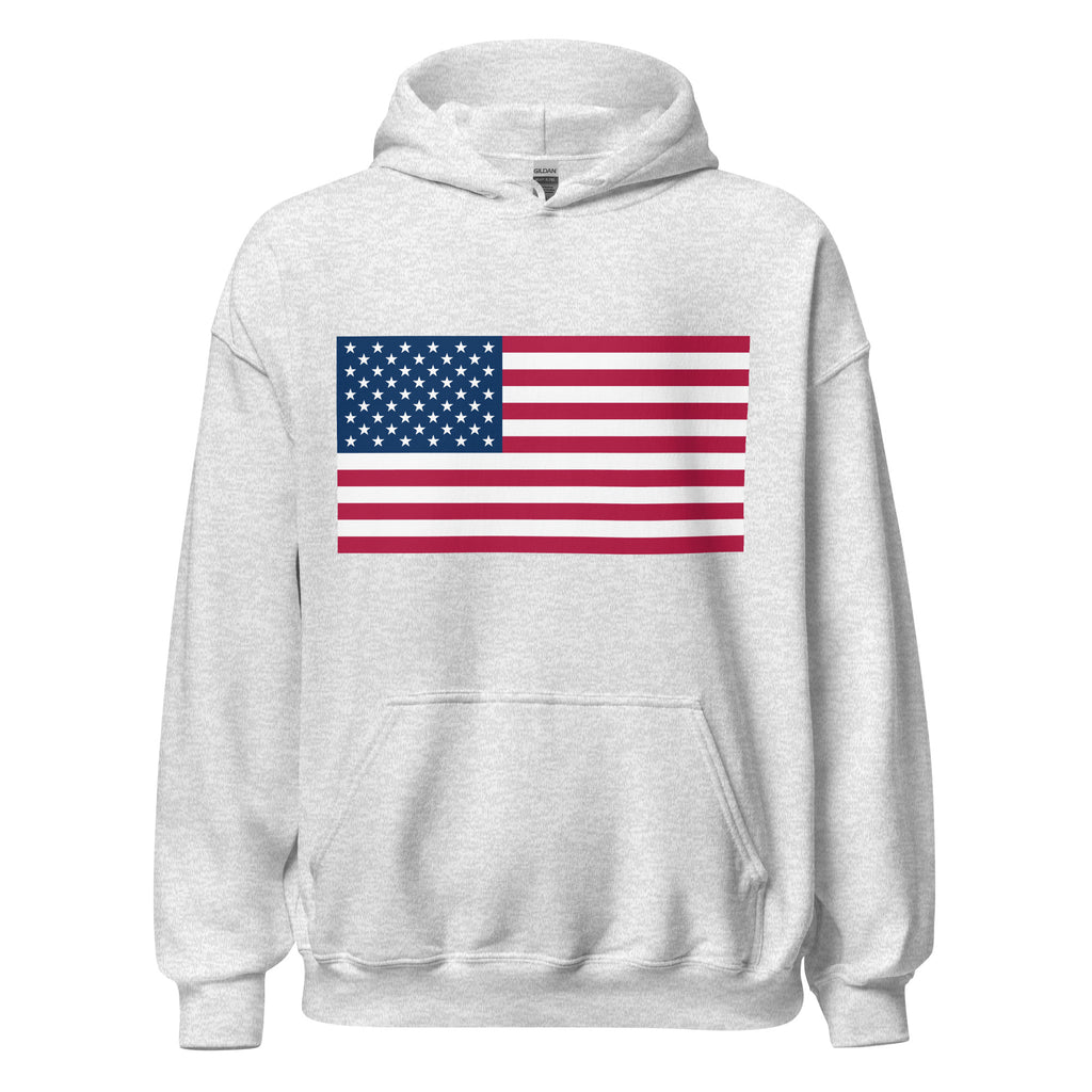 Unisex black hoodie featuring American flag design printed across the front chest