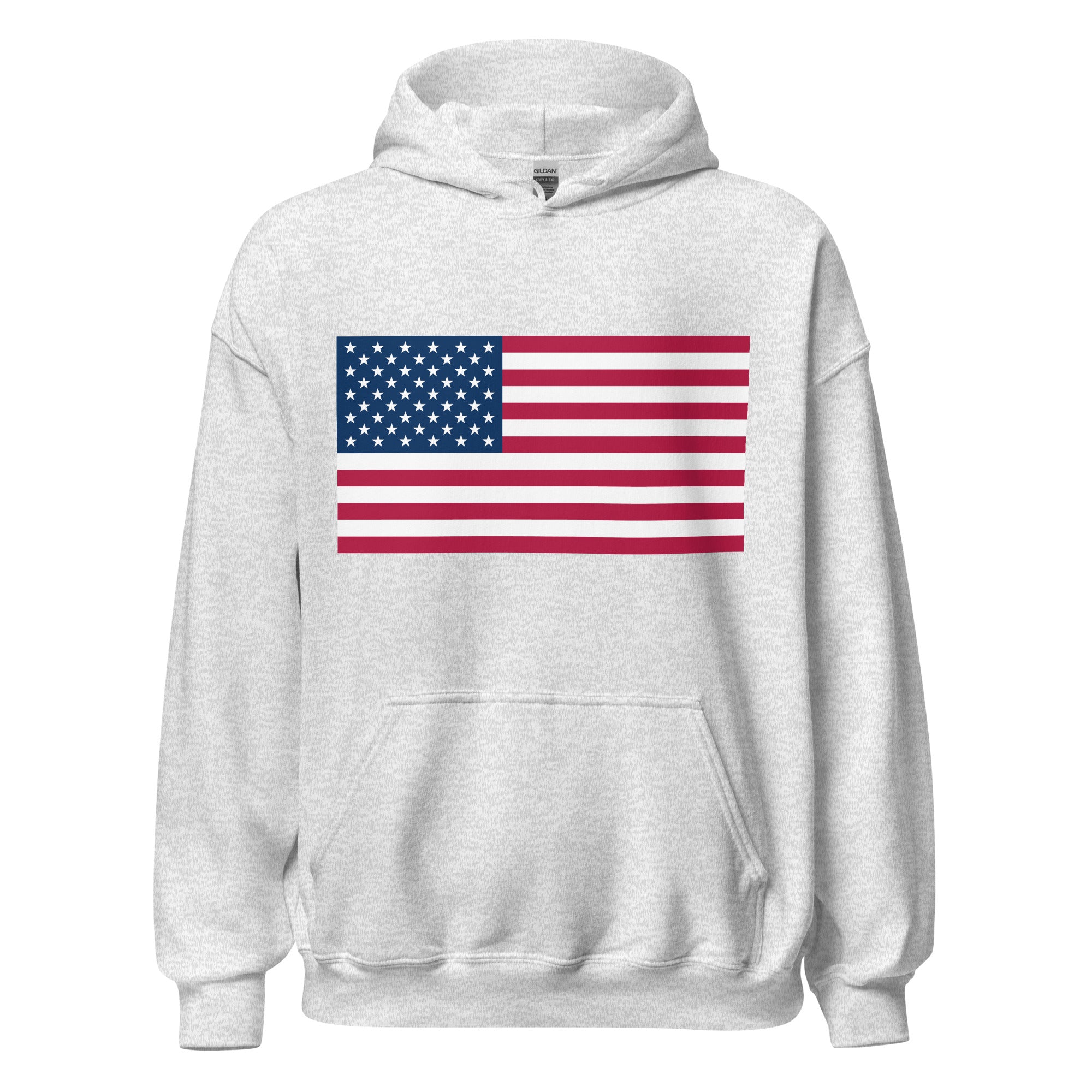 Unisex black hoodie featuring American flag design printed across the front chest