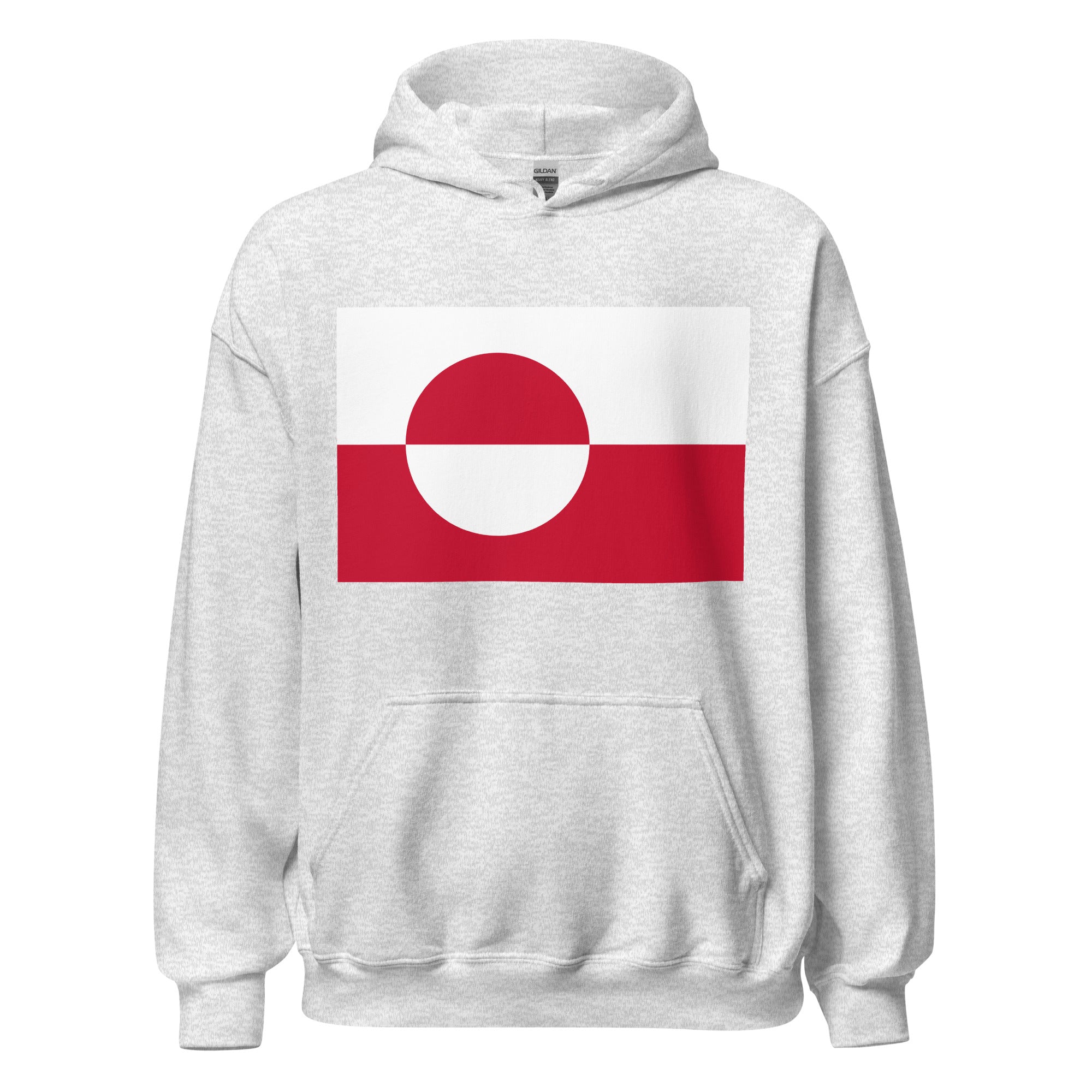 Unisex navy blue hoodie featuring Greenlandic flag design printed across the front chest