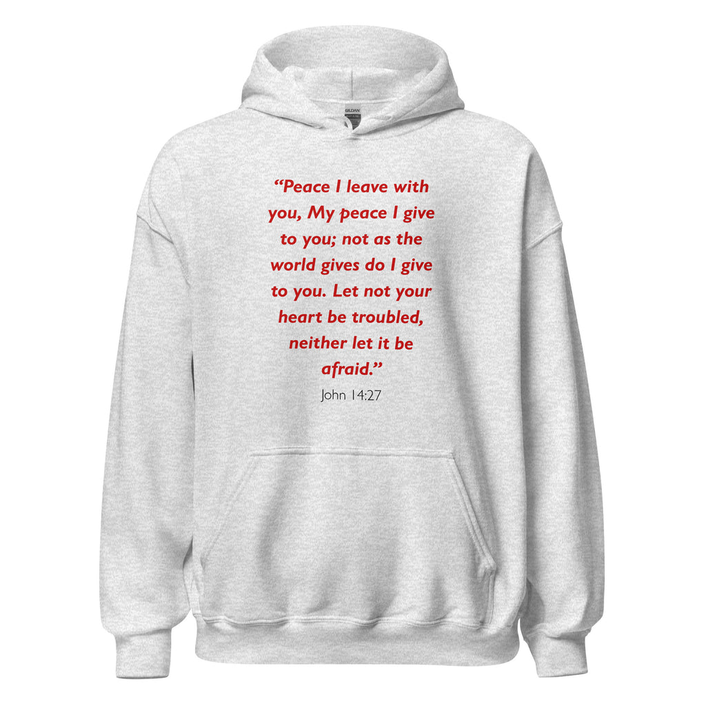 Unisex heather gray hoodie with John 14:27 Bible verse printed in red text on front