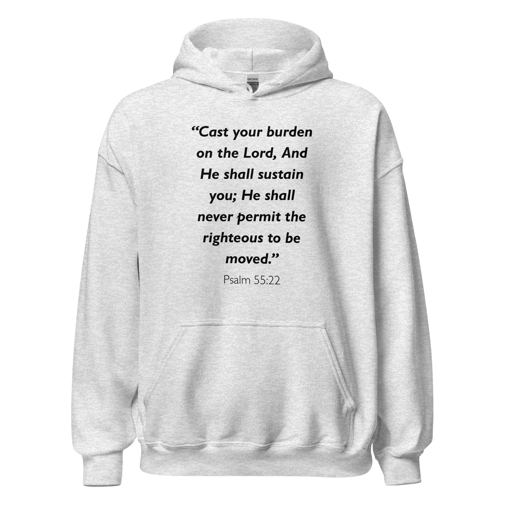 Unisex black hoodie with Psalm 55:22 Bible verse printed in black text on front