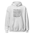 Unisex heather gray hoodie with 1 John 1:9 Bible verse printed in black text on front