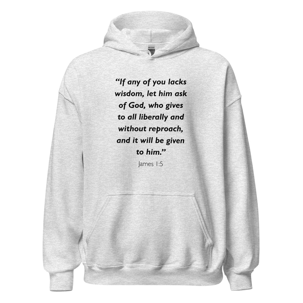 Unisex black hoodie with James 1:5 Bible verse printed in black text on front