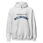 Unisex black hoodie featuring University of Melbourne logo printed across the front chest