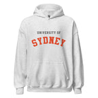 Unisex navy blue hoodie featuring University of Sydney logo printed across the front chest