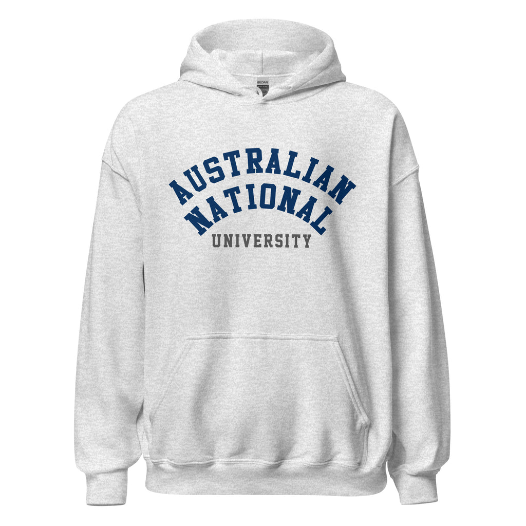 Unisex heather gray hoodie featuring Australian National University logo printed across the front chest