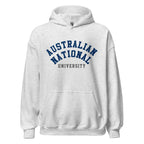 Unisex heather gray hoodie featuring Australian National University logo printed across the front chest