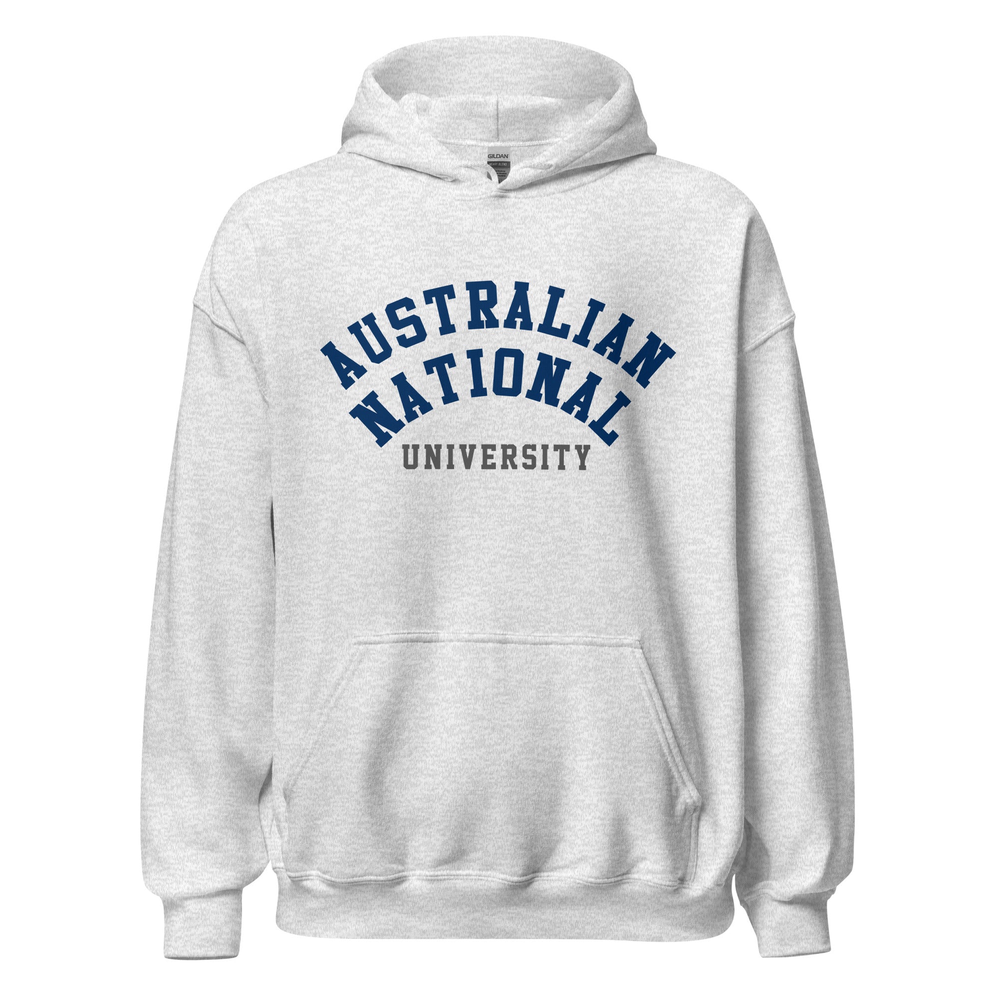 Unisex heather gray hoodie featuring Australian National University logo printed across the front chest