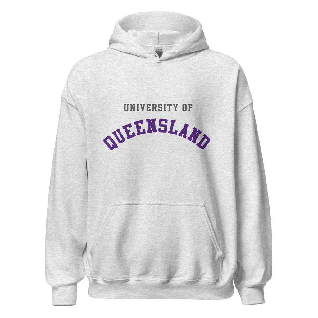 Unisex navy blue hoodie featuring University of Queensland logo printed across the front chest